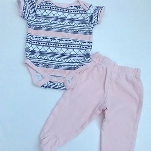 Chick pea onesie and footed pants 3-6 months baby girl pink white and black